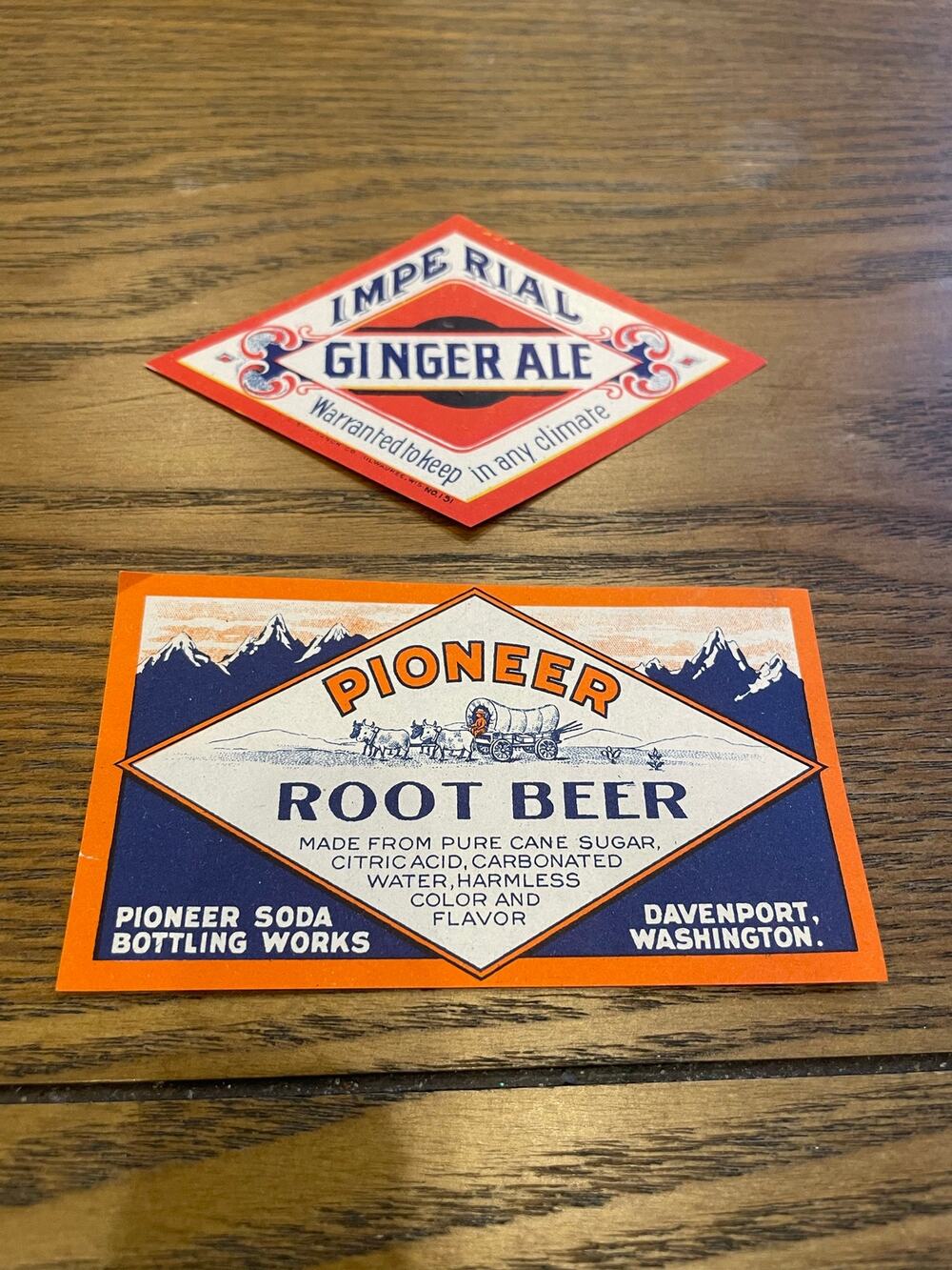 2 Vintage Unused Soda Bottle Labels Pioneer Root Beer Imperial Ginger Ale
